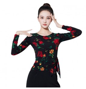 Womens red rose flowers ballroom latin dance tops salsa rumba chacha flamenco tango waltz dance shirts modern dance blouses